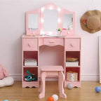 Table de toilette 2-en-1 pour filles avec miroir triptyque et lumière - Coiffeuse de princesse en bois avec tabouret et tiroir pour jeu d'imitation