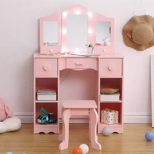 Table de toilette 2-en-1 pour filles avec miroir triptyque et lumière - Coiffeuse de princesse en bois avec tabouret et tiroir pour jeu d'imitation