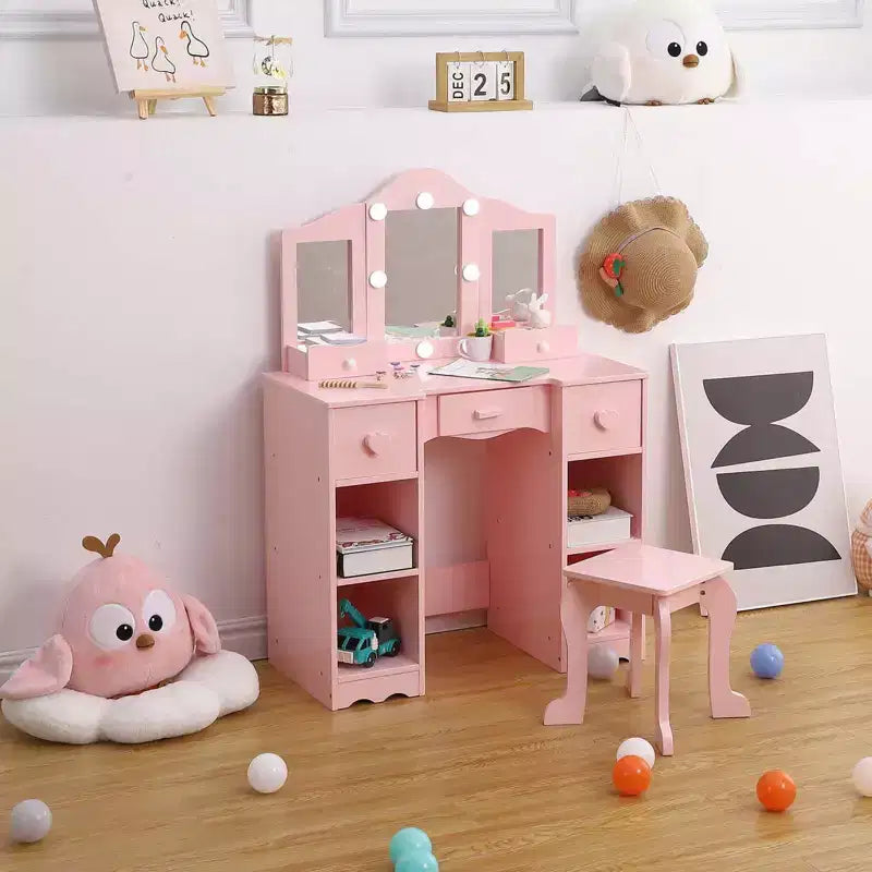 Table de toilette 2-en-1 pour filles avec miroir triptyque et lumière - Coiffeuse de princesse en bois avec tabouret et tiroir pour jeu d'imitation