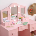 Table de toilette 2-en-1 pour filles avec miroir triptyque et lumière - Coiffeuse de princesse en bois avec tabouret et tiroir pour jeu d'imitation