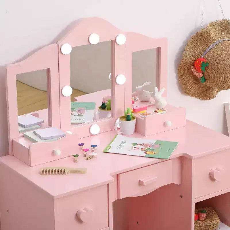 Table de toilette 2-en-1 pour filles avec miroir triptyque et lumière - Coiffeuse de princesse en bois avec tabouret et tiroir pour jeu d'imitation