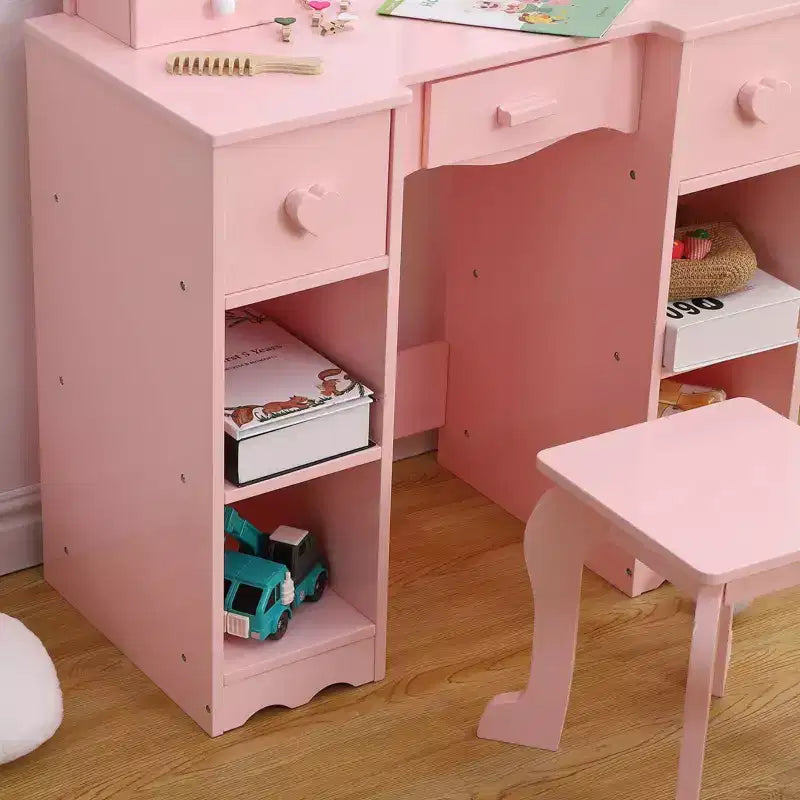 Table de toilette 2-en-1 pour filles avec miroir triptyque et lumière - Coiffeuse de princesse en bois avec tabouret et tiroir pour jeu d'imitation
