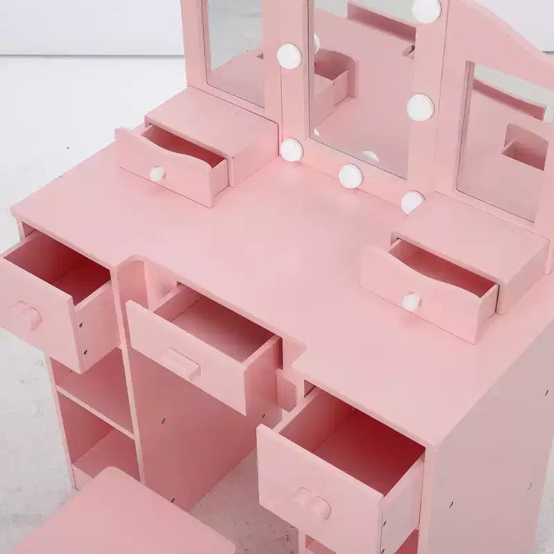 Table de toilette 2-en-1 pour filles avec miroir triptyque et lumière - Coiffeuse de princesse en bois avec tabouret et tiroir pour jeu d'imitation