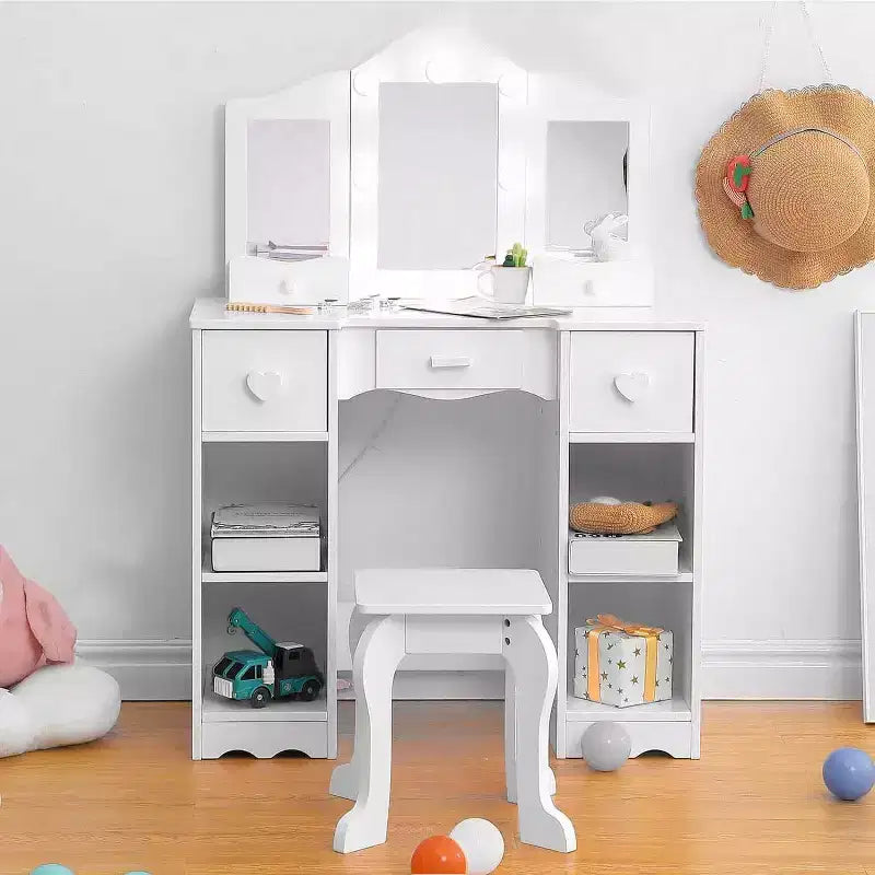 Table de toilette 2-en-1 pour filles avec miroir triptyque et lumière - Coiffeuse de princesse en bois avec tabouret et tiroir pour jeu d'imitation