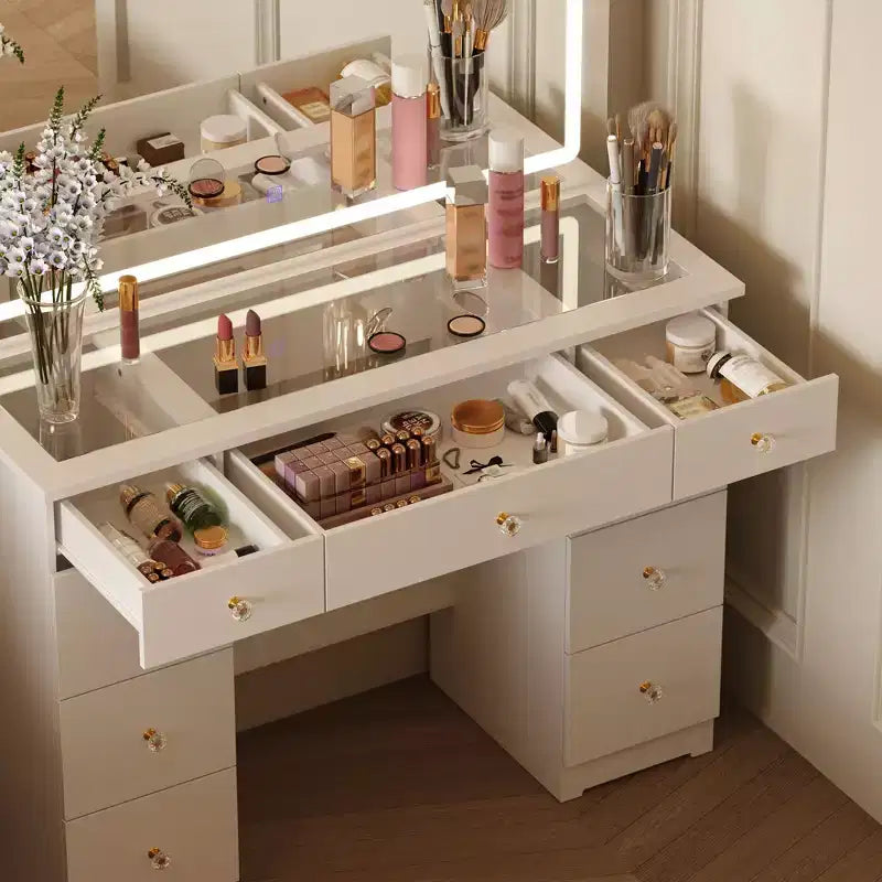 Coiffeuse élégante Famapy blanche : Grand miroir, plateau en verre et nombreux rangements Table de maquillage Coiffeuse Commode