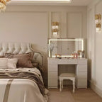 Coiffeuse élégante Famapy blanche : Grand miroir, plateau en verre et nombreux rangements Table de maquillage Coiffeuse Commode
