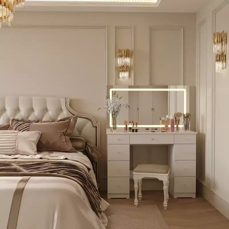 Coiffeuse élégante Famapy blanche : Grand miroir, plateau en verre et nombreux rangements Table de maquillage Coiffeuse Commode