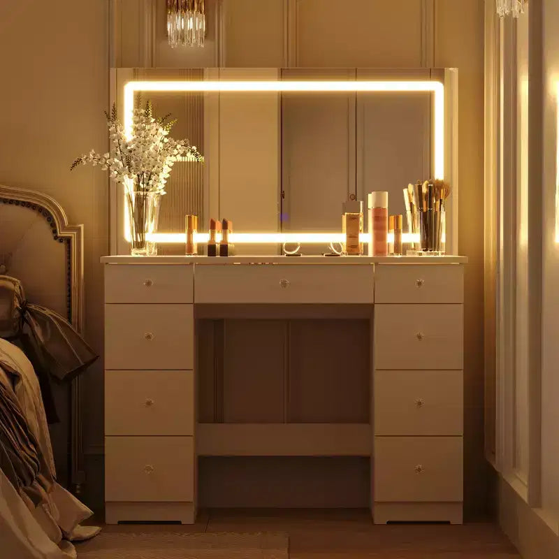 Coiffeuse élégante Famapy blanche : Grand miroir, plateau en verre et nombreux rangements Table de maquillage Coiffeuse Commode