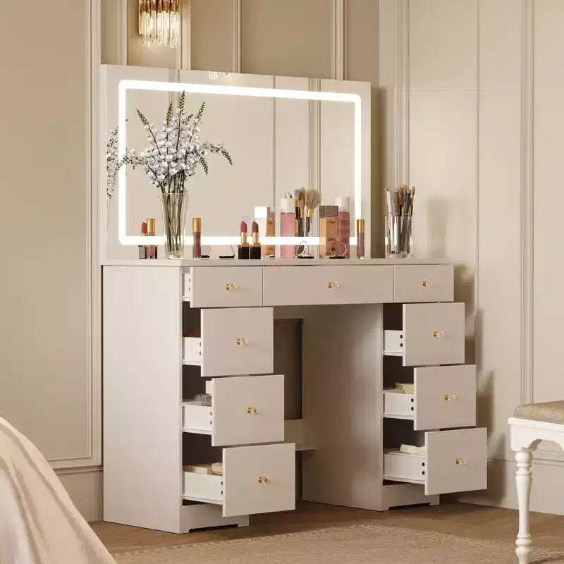 Coiffeuse élégante Famapy blanche : Grand miroir, plateau en verre et nombreux rangements Table de maquillage Coiffeuse Commode