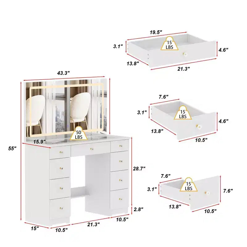 Coiffeuse élégante Famapy blanche : Grand miroir, plateau en verre et nombreux rangements Table de maquillage Coiffeuse Commode