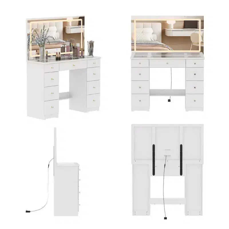 Coiffeuse élégante Famapy blanche : Grand miroir, plateau en verre et nombreux rangements Table de maquillage Coiffeuse Commode