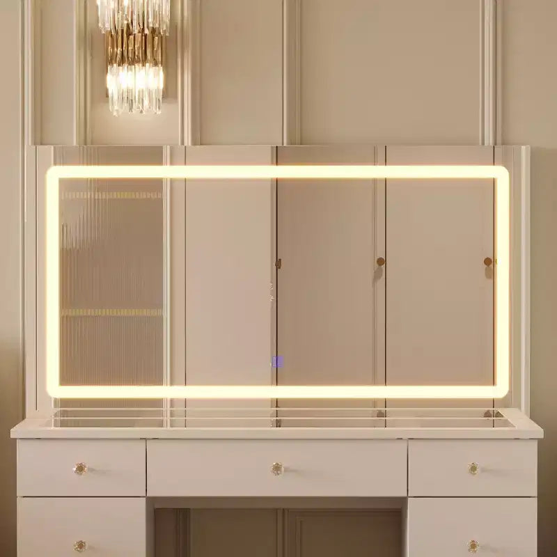 Coiffeuse élégante Famapy blanche : Grand miroir, plateau en verre et nombreux rangements Table de maquillage Coiffeuse Commode
