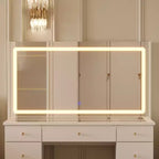 Coiffeuse élégante Famapy blanche : Grand miroir, plateau en verre et nombreux rangements Table de maquillage Coiffeuse Commode