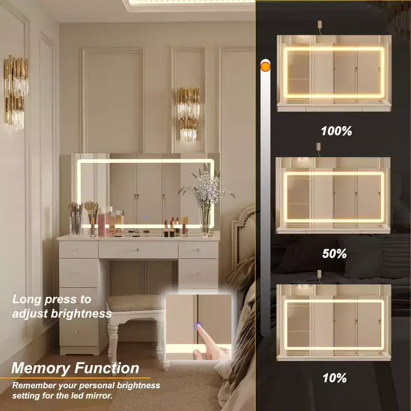 Coiffeuse élégante Famapy blanche : Grand miroir, plateau en verre et nombreux rangements Table de maquillage Coiffeuse Commode