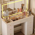 Coiffeuse élégante Famapy blanche : Grand miroir, plateau en verre et nombreux rangements Table de maquillage Coiffeuse Commode
