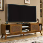 Meuble TV GDFStudio Mandel style moderne du milieu du siècle en bois et rotin de 67,9 po avec 2 portes coulissantes