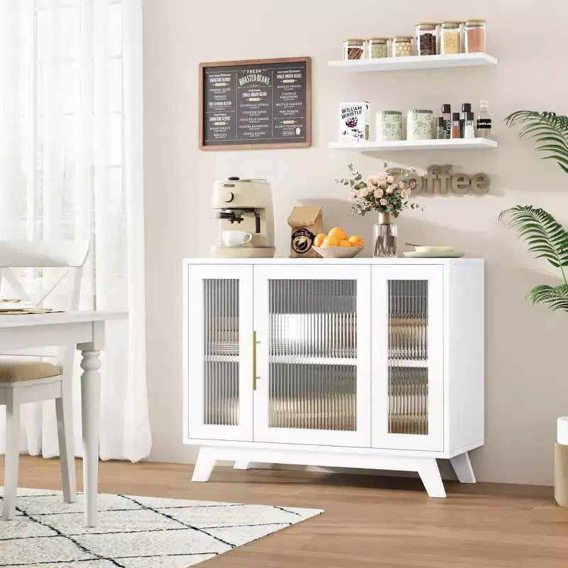 Meuble Buffet avec Rangement, Buffet 36" avec Porte en Verre Cannelé, Meuble Bar à Café Rétro avec Étagère Réglable, Blanc