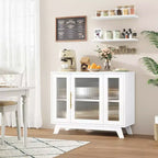 Meuble Buffet avec Rangement, Buffet 36" avec Porte en Verre Cannelé, Meuble Bar à Café Rétro avec Étagère Réglable, Blanc