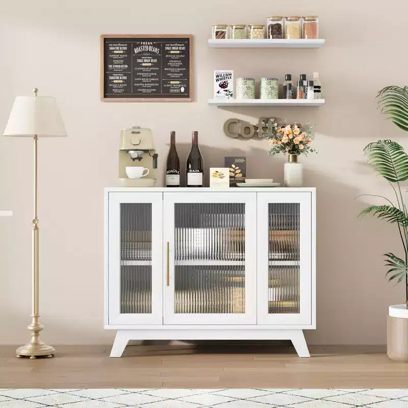 Meuble Buffet avec Rangement, Buffet 36" avec Porte en Verre Cannelé, Meuble Bar à Café Rétro avec Étagère Réglable, Blanc