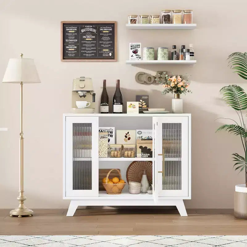 Meuble Buffet avec Rangement, Buffet 36" avec Porte en Verre Cannelé, Meuble Bar à Café Rétro avec Étagère Réglable, Blanc