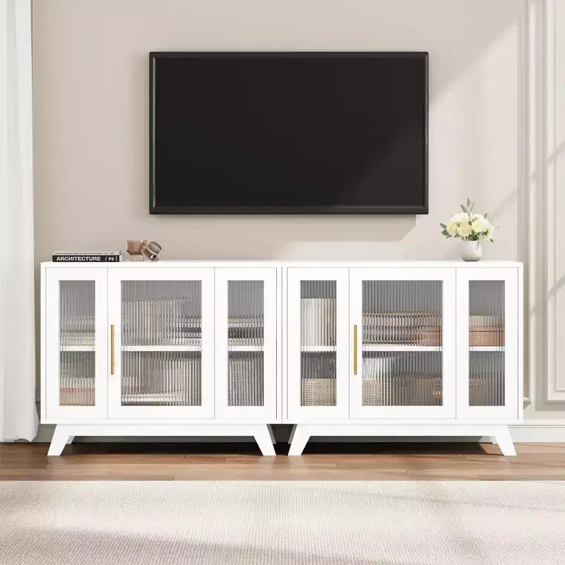 Meuble Buffet avec Rangement, Buffet 36" avec Porte en Verre Cannelé, Meuble Bar à Café Rétro avec Étagère Réglable, Blanc