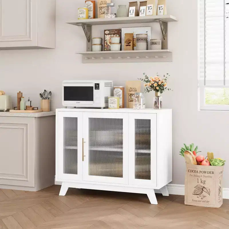 Meuble Buffet avec Rangement, Buffet 36" avec Porte en Verre Cannelé, Meuble Bar à Café Rétro avec Étagère Réglable, Blanc