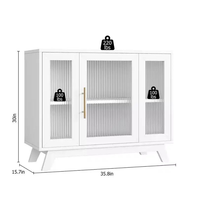 Meuble Buffet avec Rangement, Buffet 36" avec Porte en Verre Cannelé, Meuble Bar à Café Rétro avec Étagère Réglable, Blanc