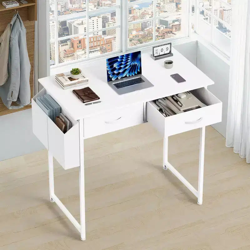 MAYEERTY Petit bureau d'ordinateur réglable de 32 pouces, table d'étude/écriture en métal avec rangement et crochet pour casque, bureau à domicile