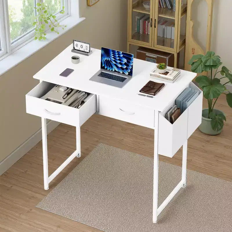 MAYEERTY Petit bureau d'ordinateur réglable de 32 pouces, table d'étude/écriture en métal avec rangement et crochet pour casque, bureau à domicile