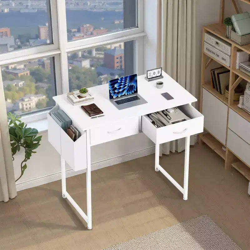 MAYEERTY Petit bureau d'ordinateur réglable de 32 pouces, table d'étude/écriture en métal avec rangement et crochet pour casque, bureau à domicile
