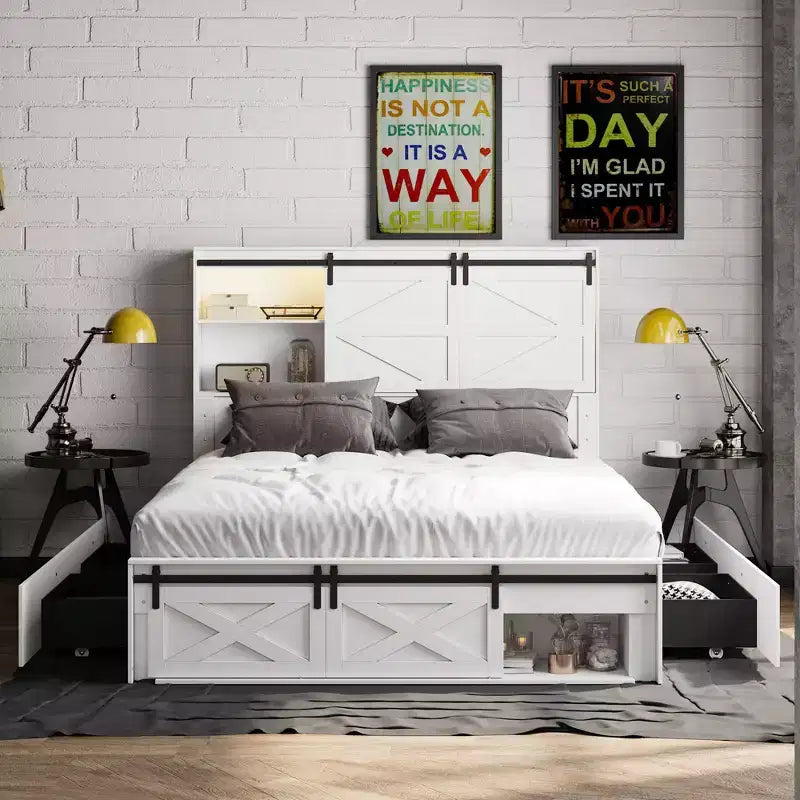 Cadre de lit Queen moderne Famapy avec tiroirs de rangement, tête de lit LED et prises de courant, lit plateforme en bois blanc pour chambre à coucher
