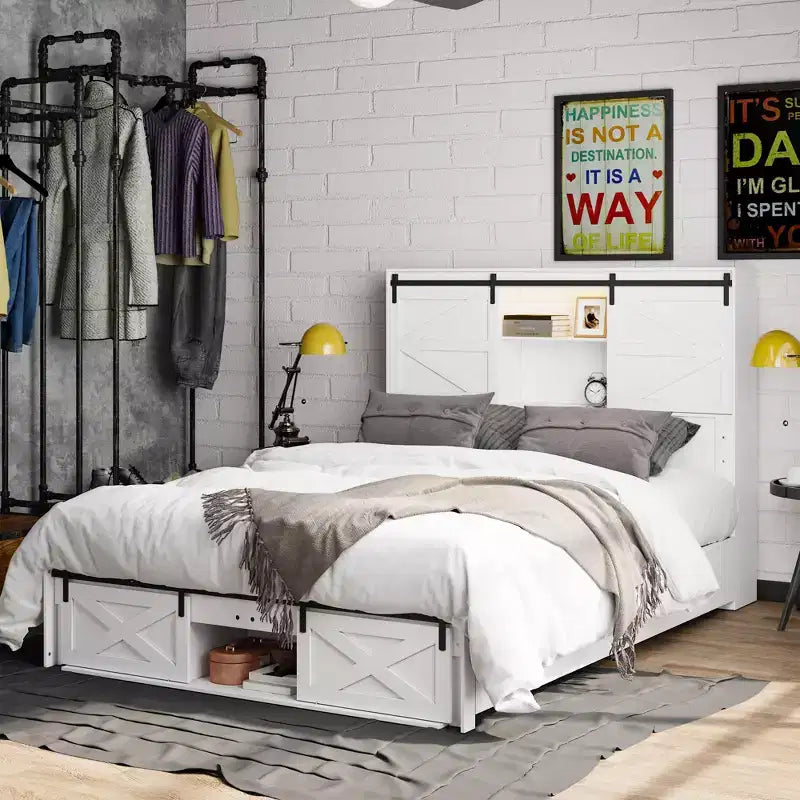 Cadre de lit Queen moderne Famapy avec tiroirs de rangement, tête de lit LED et prises de courant, lit plateforme en bois blanc pour chambre à coucher