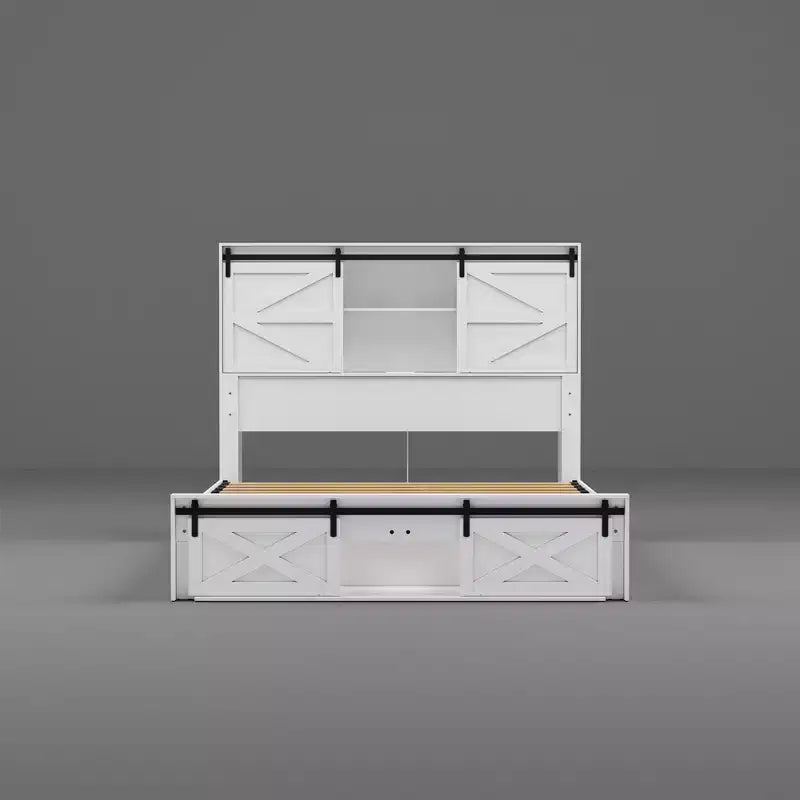 Cadre de lit Queen moderne Famapy avec tiroirs de rangement, tête de lit LED et prises de courant, lit plateforme en bois blanc pour chambre à coucher