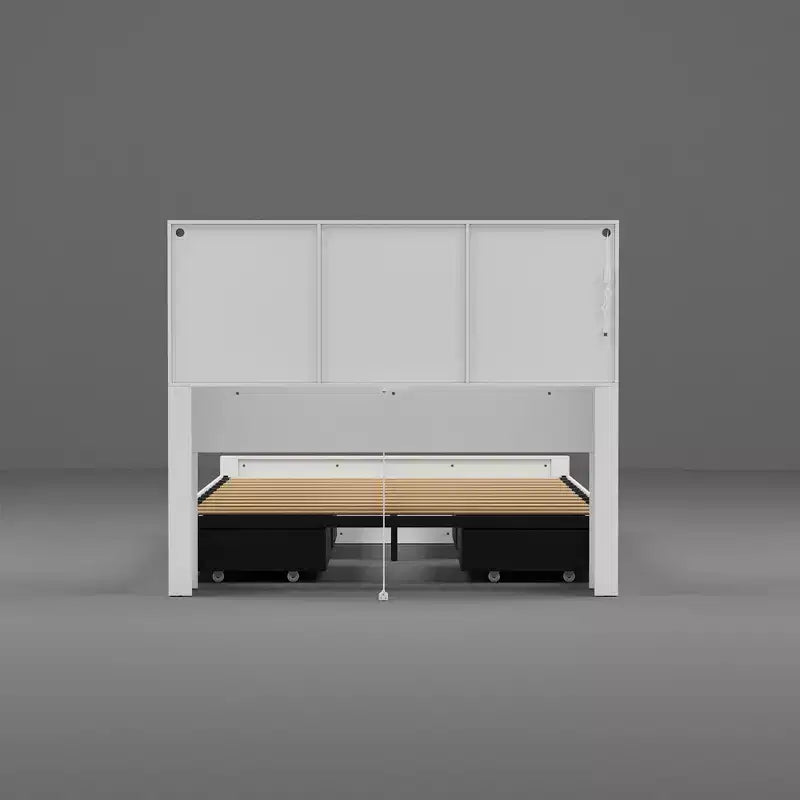 Cadre de lit Queen moderne Famapy avec tiroirs de rangement, tête de lit LED et prises de courant, lit plateforme en bois blanc pour chambre à coucher