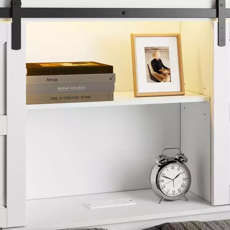Cadre de lit Queen moderne Famapy avec tiroirs de rangement, tête de lit LED et prises de courant, lit plateforme en bois blanc pour chambre à coucher