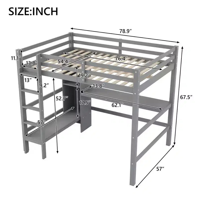 Lit mezzanine pleine grandeur avec étagères de rangement et bureau sous le lit, cadre de lit mezzanine peu encombrant pour enfants, adolescents et adultes, gris/blanc - ModernLuxe