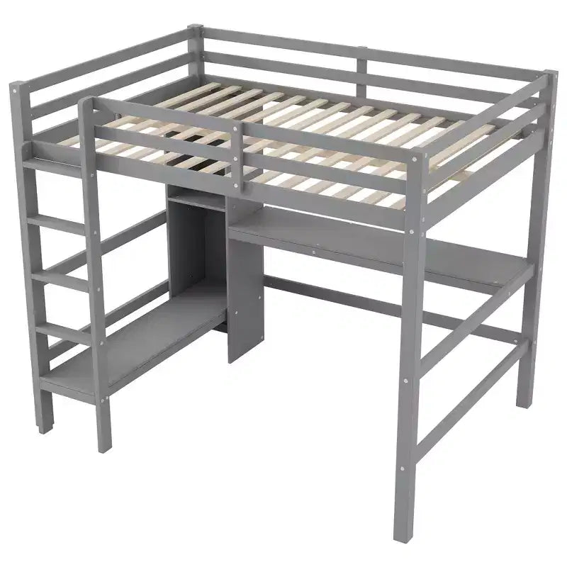 Lit mezzanine pleine grandeur avec étagères de rangement et bureau sous le lit, cadre de lit mezzanine peu encombrant pour enfants, adolescents et adultes, gris/blanc - ModernLuxe