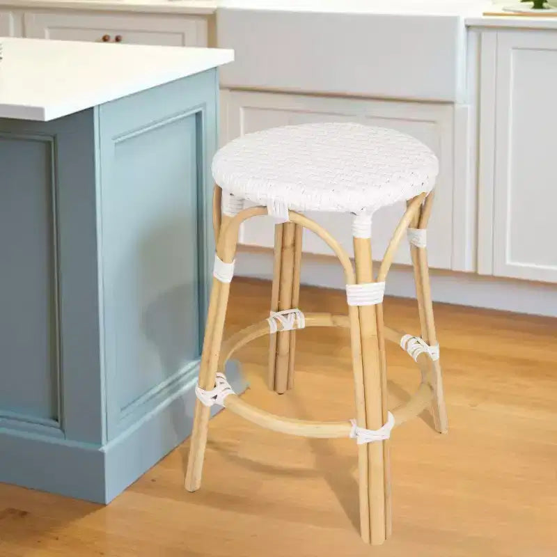 HomeRoots Chaise de bar de comptoir sans dossier en rotin robuste blanc et naturel 24 po