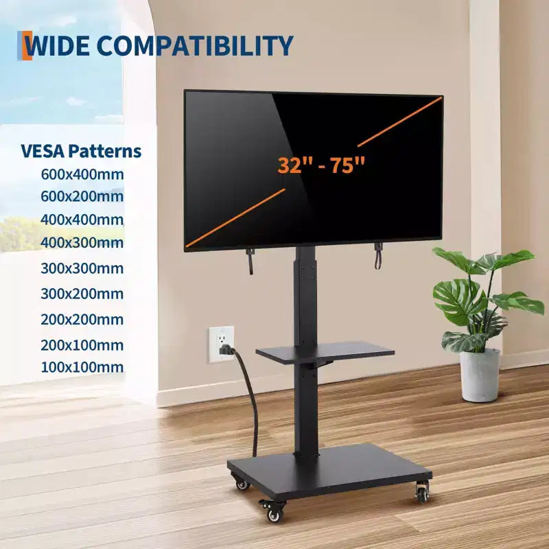 Meuble TV mobile avec prise de courant - Support TV roulant inclinable et pivotant à 360°, réglable en hauteur pour écrans de 32 à 75 pouces, supporte jusqu'à 50 kg