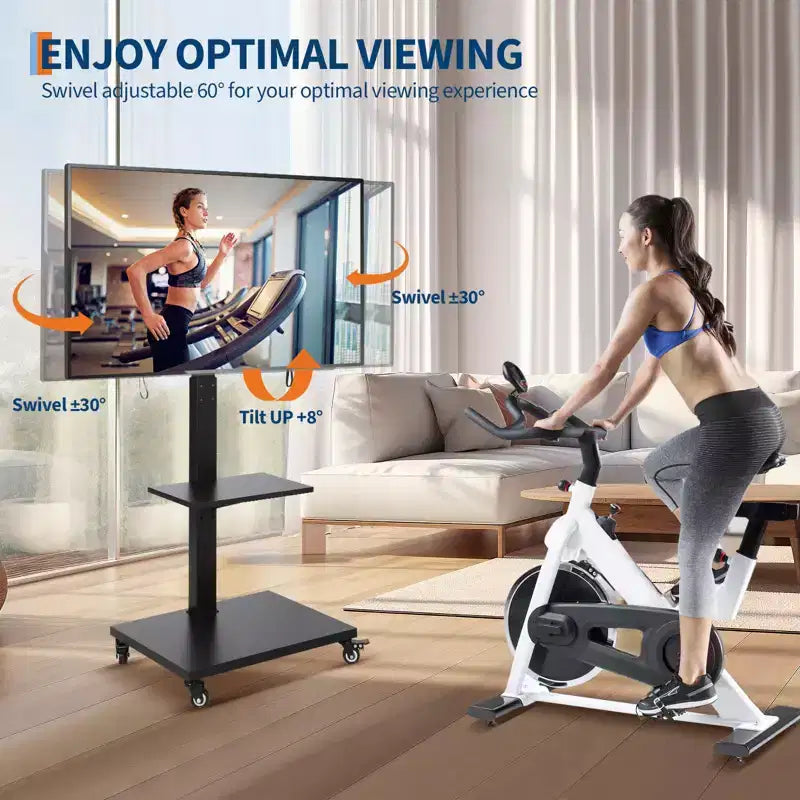 Meuble TV mobile avec prise de courant - Support TV roulant inclinable et pivotant à 360°, réglable en hauteur pour écrans de 32 à 75 pouces, supporte jusqu'à 50 kg