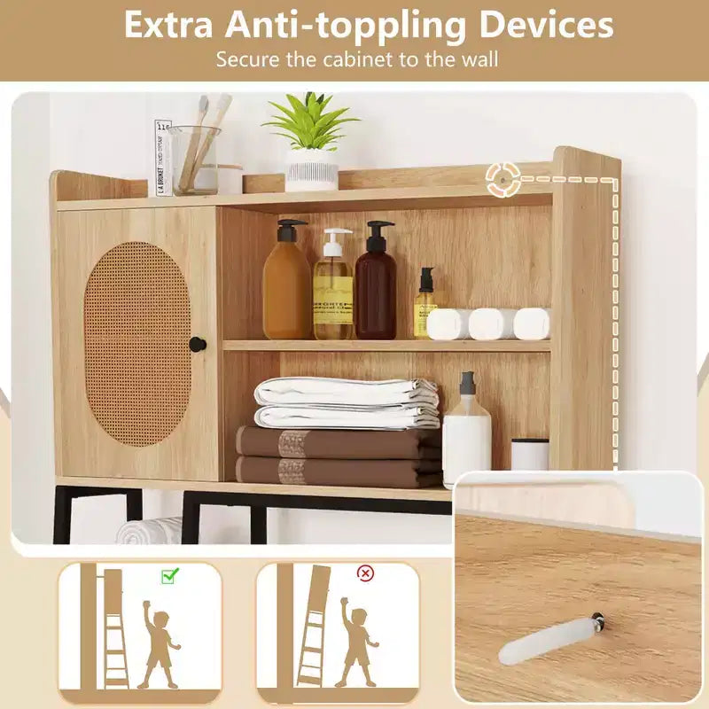 Meuble de rangement WC au-dessus des toilettes, Organisateur de toilettes peu encombrant avec porte en rotin PE