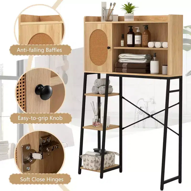 Meuble de rangement WC au-dessus des toilettes, Organisateur de toilettes peu encombrant avec porte en rotin PE