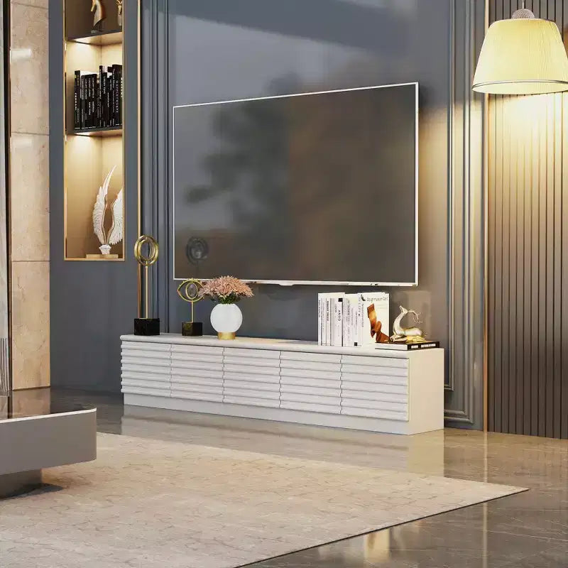 Meuble TV blanc au design minimaliste Famapy - Console multimédia : Lignes épurées, multiples compartiments et construction robuste