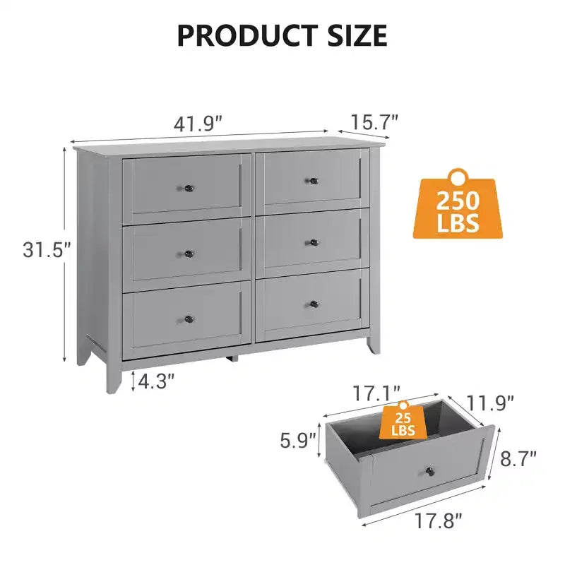Commode GustoWave à 6 tiroirs, commode moderne avec poignées rondes et pieds robustes
