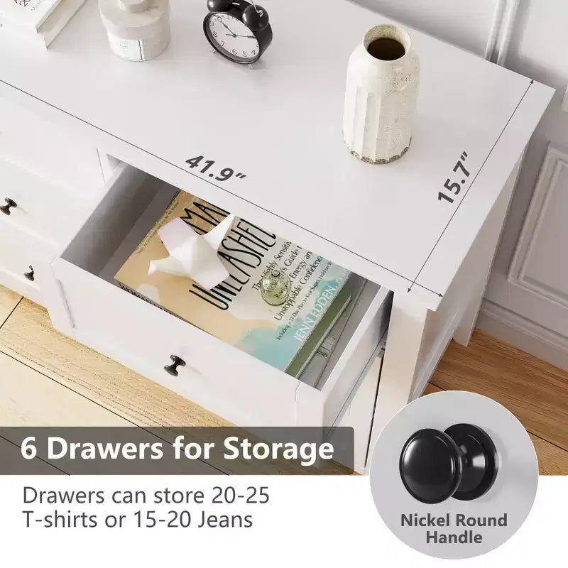 Commode GustoWave à 6 tiroirs, commode moderne avec poignées rondes et pieds robustes