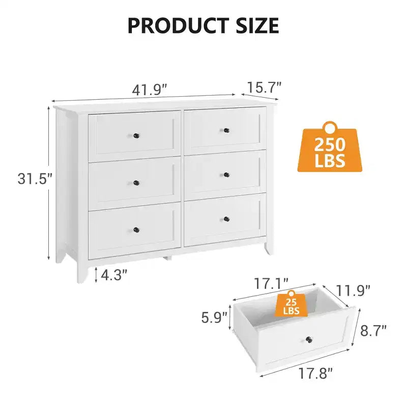 Commode GustoWave à 6 tiroirs, commode moderne avec poignées rondes et pieds robustes