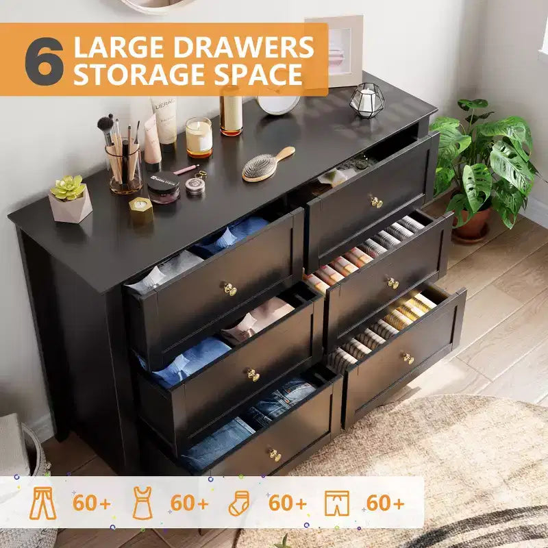 Commode GustoWave à 6 tiroirs, commode moderne avec poignées rondes et pieds robustes