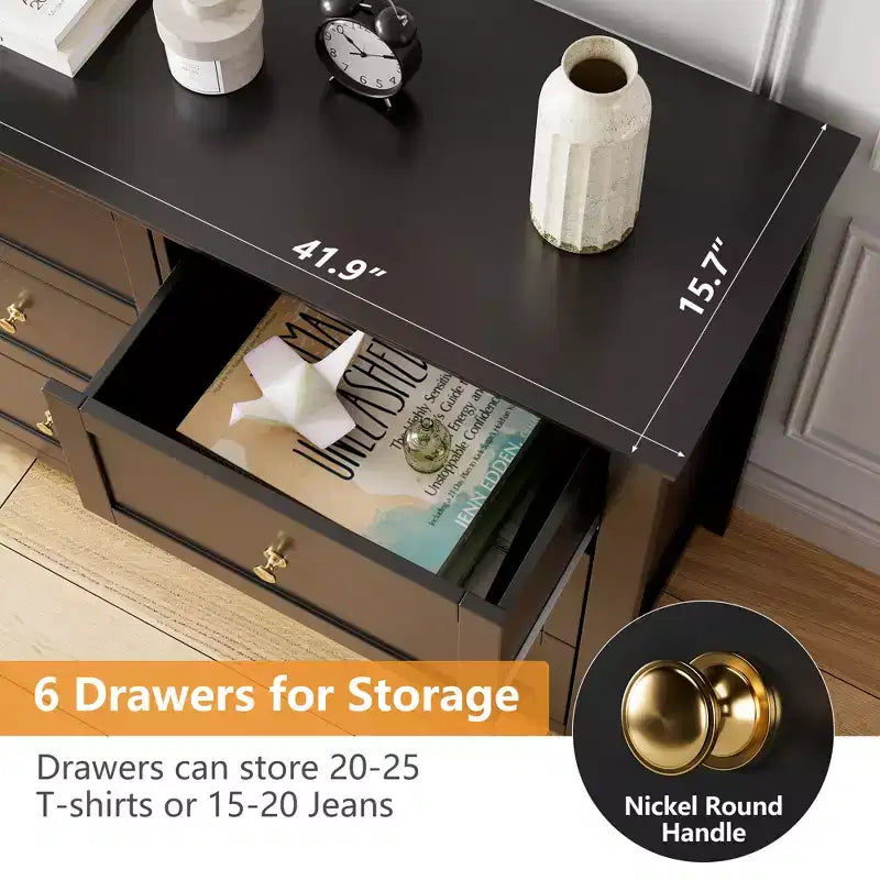 Commode GustoWave à 6 tiroirs, commode moderne avec poignées rondes et pieds robustes