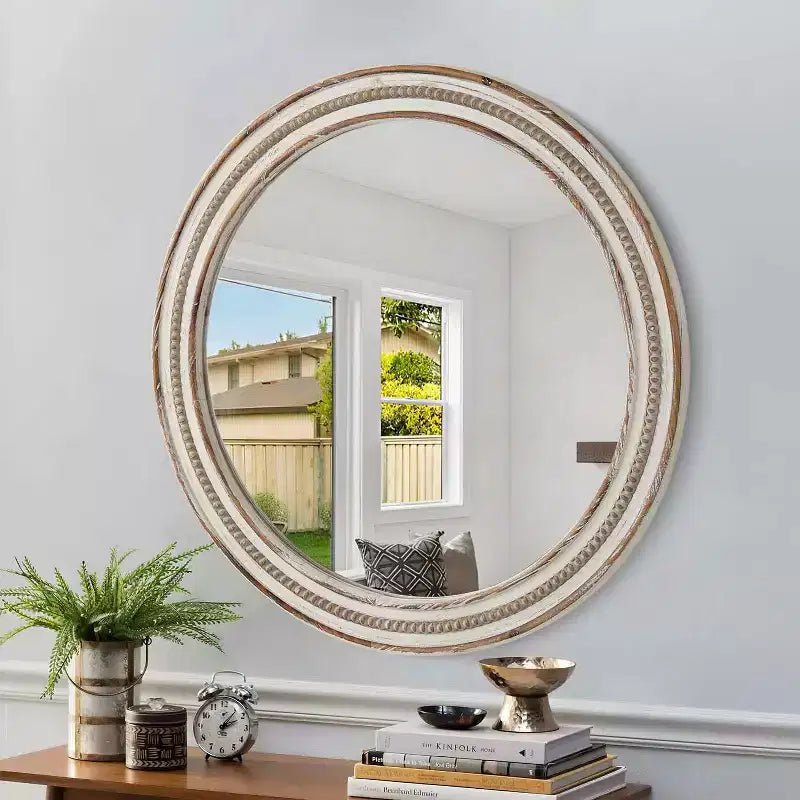 MAYEERTY Lot de 24 miroirs décoratifs ronds en bois pour décoration murale, miroir cercle rustique pour chambre à coucher, salon, bureau avec perles