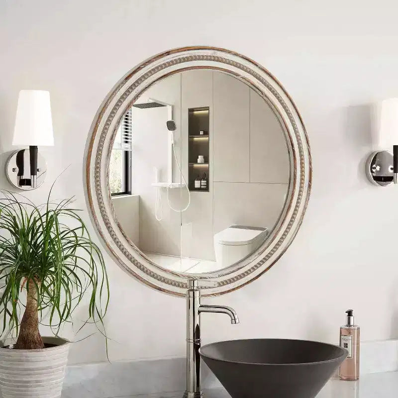 MAYEERTY Lot de 24 miroirs décoratifs ronds en bois pour décoration murale, miroir cercle rustique pour chambre à coucher, salon, bureau avec perles